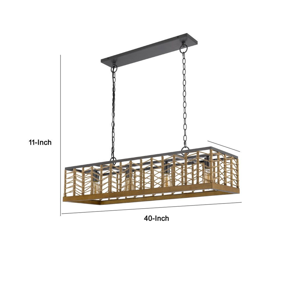 4 Light Pendant, Braided Burlap Shade, Caged Industrial Black Metal 40 Inch - BM351700