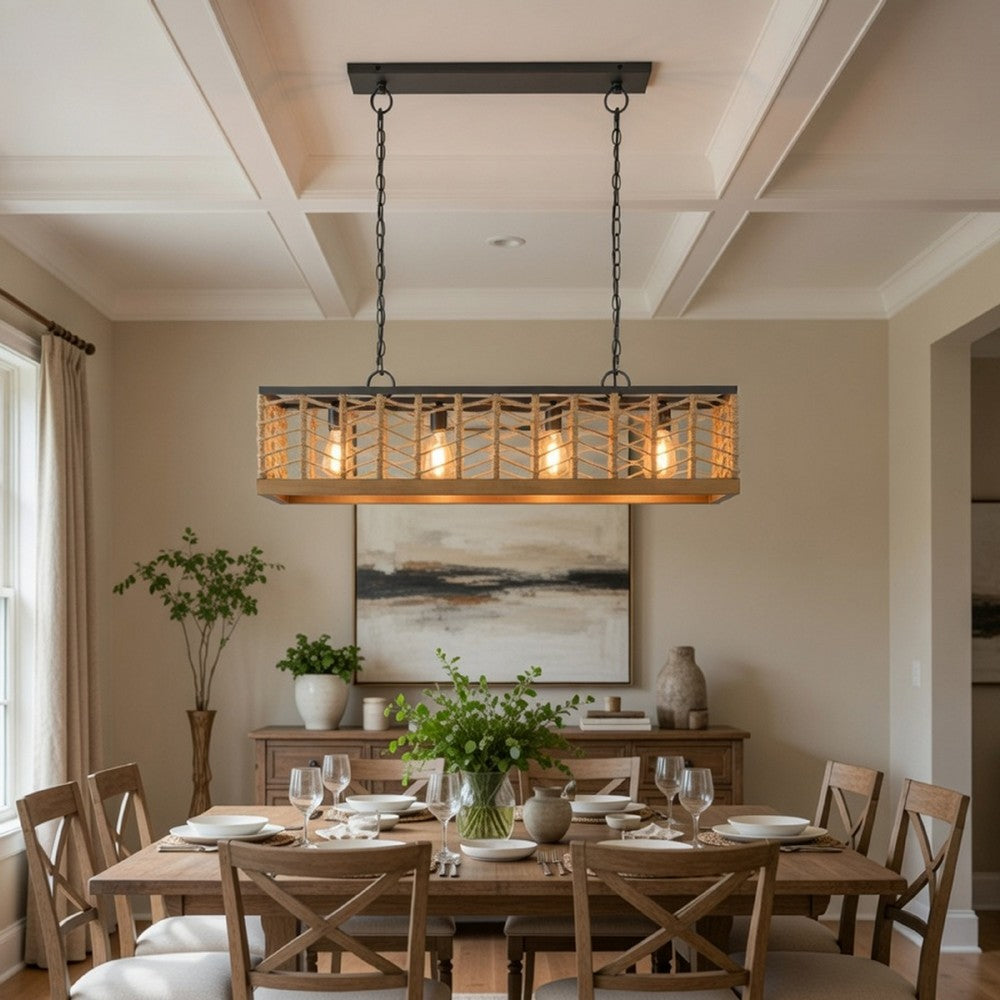 4 Light Pendant, Braided Burlap Shade, Caged Industrial Black Metal 40 Inch - BM351700