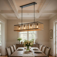 4 Light Pendant, Braided Burlap Shade, Caged Industrial Black Metal 40 Inch - BM351700