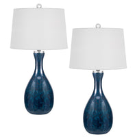 Table Lamp Set of 2, Off-White Drum Shade, Dark Blue Glass 29 Inch - BM351701