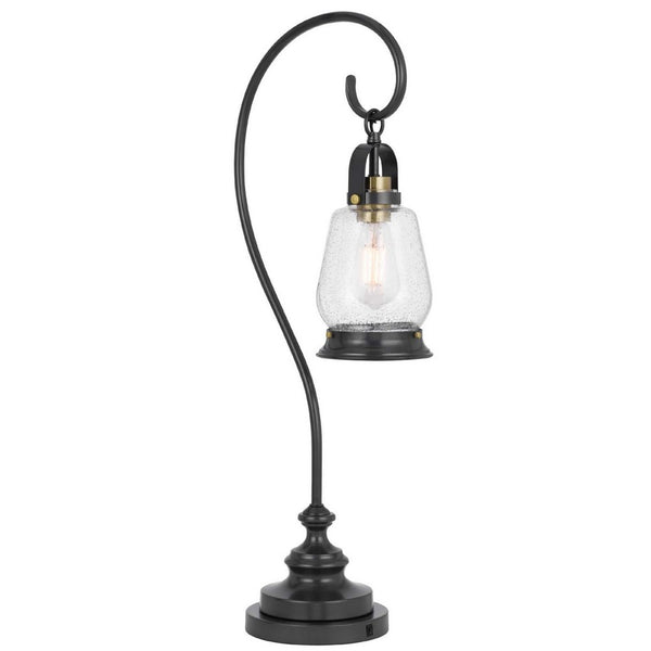 Table Lamp, Vintage Lantern Style, Bubble Glass Shade, Black Metal 32 Inch - BM351702