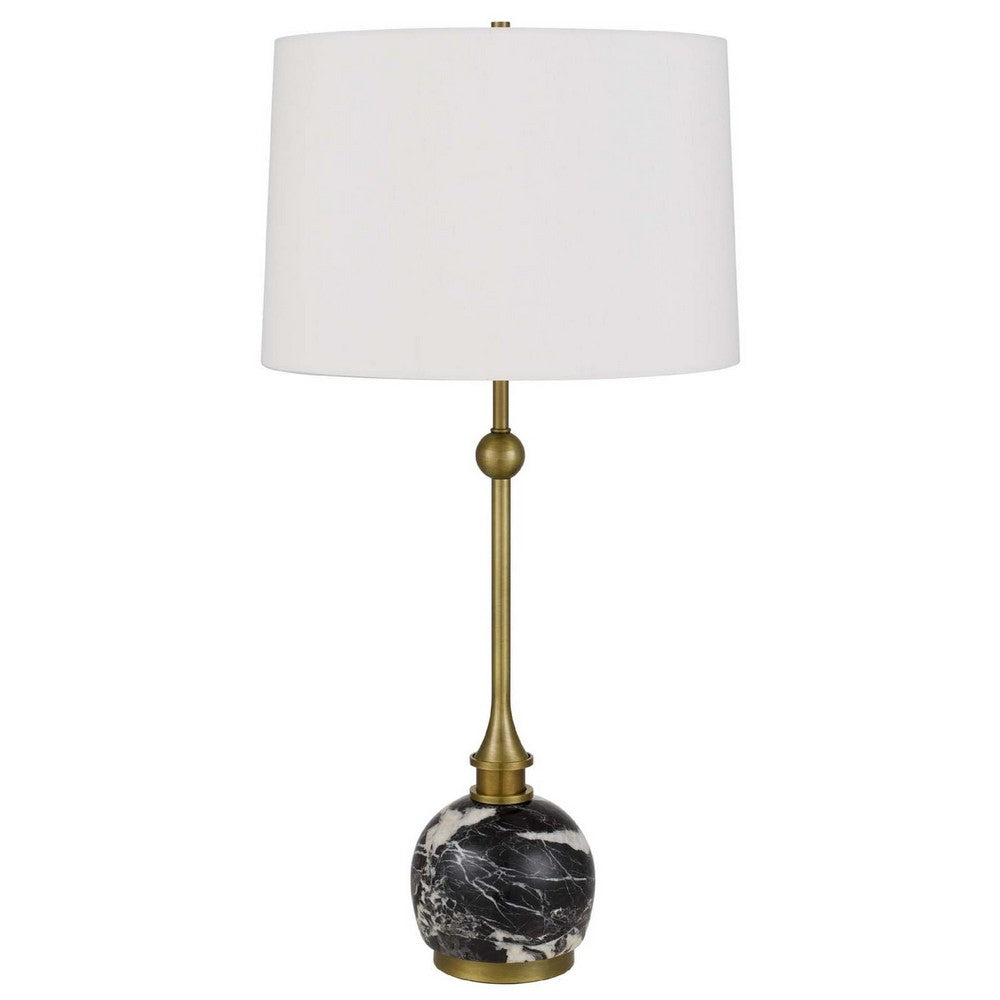 Table Lamp, White Drum Shade, Slim Brass Neck, Swirled Black Marble 29 Inch - BM351703