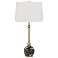 Table Lamp, White Drum Shade, Slim Brass Neck, Swirled Black Marble 29 Inch - BM351703