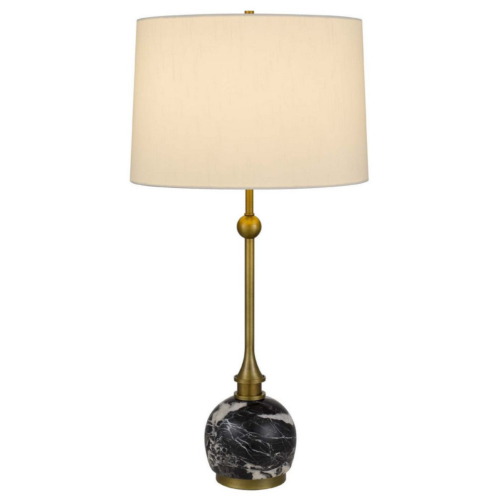 Table Lamp, White Drum Shade, Slim Brass Neck, Swirled Black Marble 29 Inch - BM351703