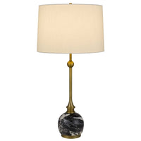 Table Lamp, White Drum Shade, Slim Brass Neck, Swirled Black Marble 29 Inch - BM351703