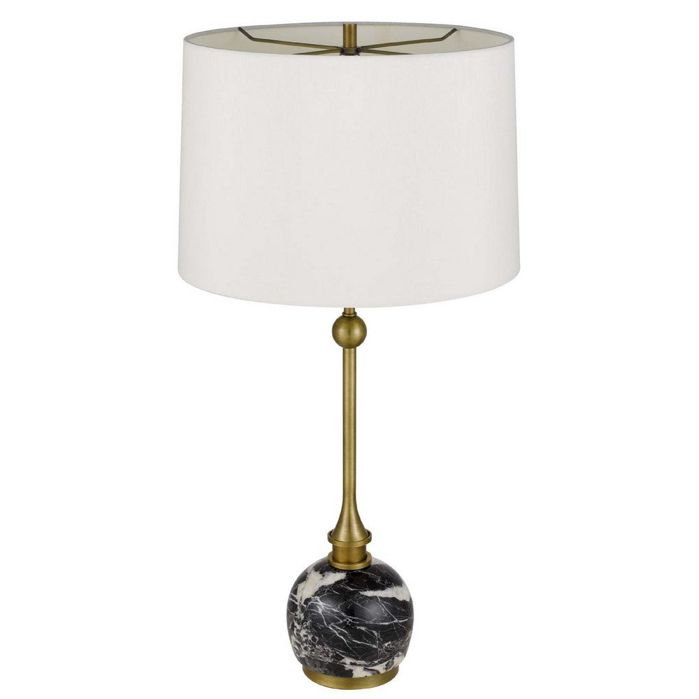 Table Lamp, White Drum Shade, Slim Brass Neck, Swirled Black Marble 29 Inch - BM351703