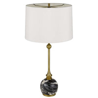 Table Lamp, White Drum Shade, Slim Brass Neck, Swirled Black Marble 29 Inch - BM351703