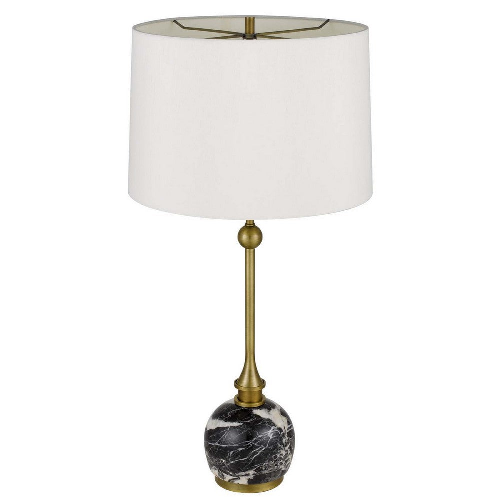 Table Lamp, White Drum Shade, Slim Brass Neck, Swirled Black Marble 29 Inch - BM351703