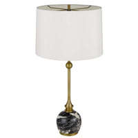 Table Lamp, White Drum Shade, Slim Brass Neck, Swirled Black Marble 29 Inch - BM351703