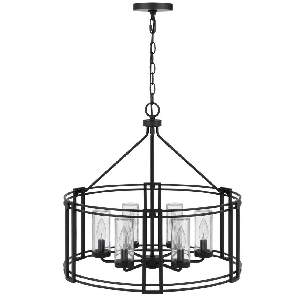 6 Light Chandelier, Caged Round Oval, Glass Shades, Black Metal 24 Inch - BM351704