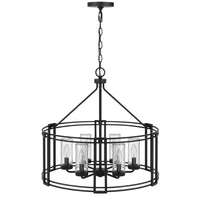 6 Light Chandelier, Caged Round Oval, Glass Shades, Black Metal 24 Inch - BM351704