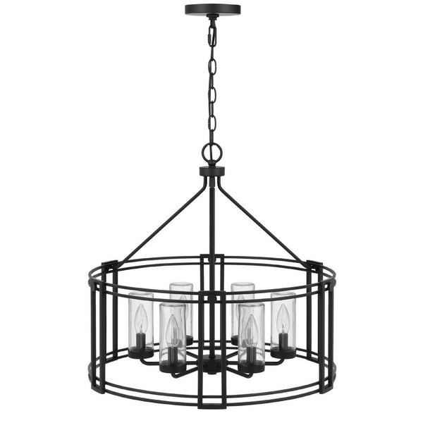 6 Light Chandelier, Caged Round Oval, Glass Shades, Black Metal 24 Inch - BM351704