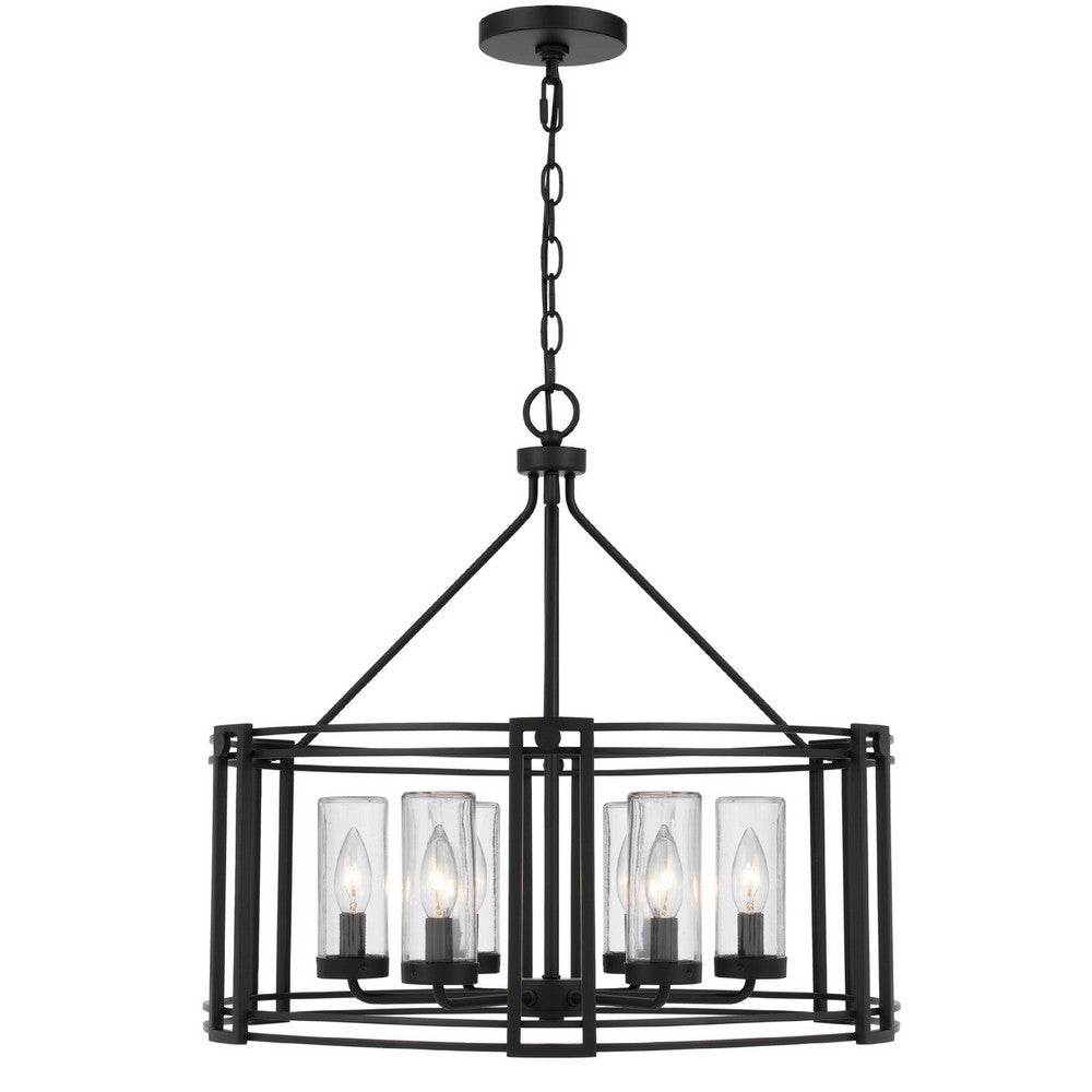 6 Light Chandelier, Caged Round Oval, Glass Shades, Black Metal 24 Inch - BM351704