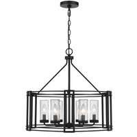 6 Light Chandelier, Caged Round Oval, Glass Shades, Black Metal 24 Inch - BM351704