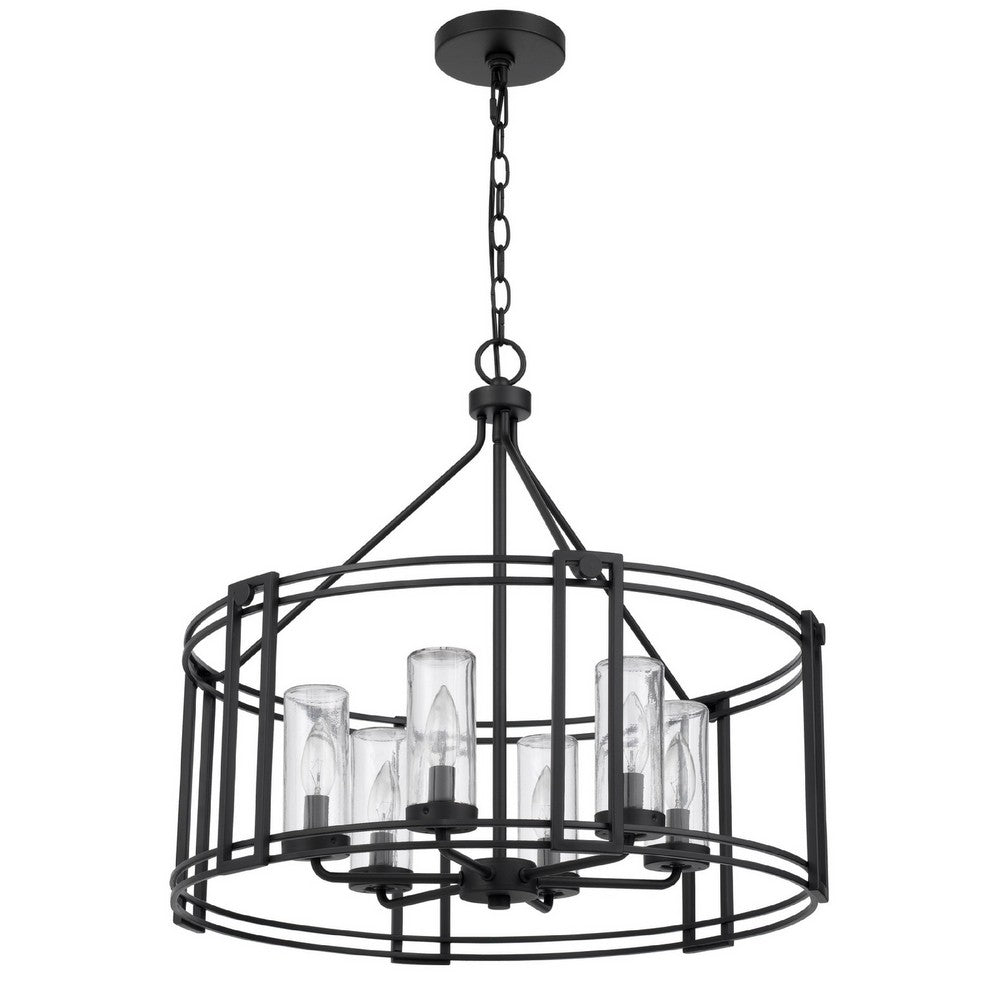 6 Light Chandelier, Caged Round Oval, Glass Shades, Black Metal 24 Inch - BM351704