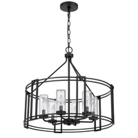 6 Light Chandelier, Caged Round Oval, Glass Shades, Black Metal 24 Inch - BM351704