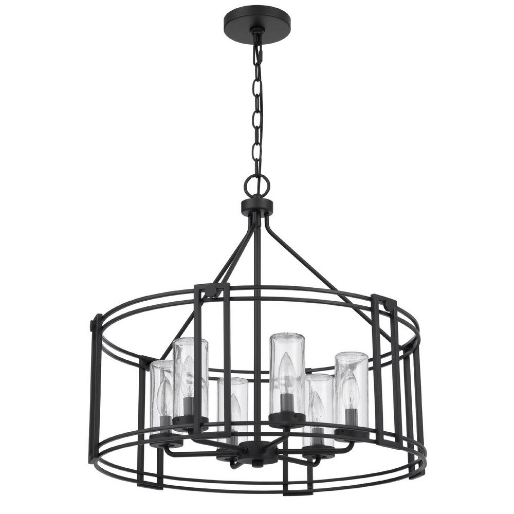 6 Light Chandelier, Caged Round Oval, Glass Shades, Black Metal 24 Inch - BM351704