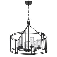 6 Light Chandelier, Caged Round Oval, Glass Shades, Black Metal 24 Inch - BM351704