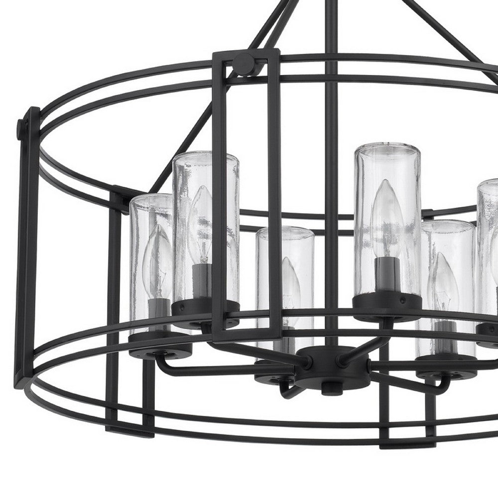 6 Light Chandelier, Caged Round Oval, Glass Shades, Black Metal 24 Inch - BM351704
