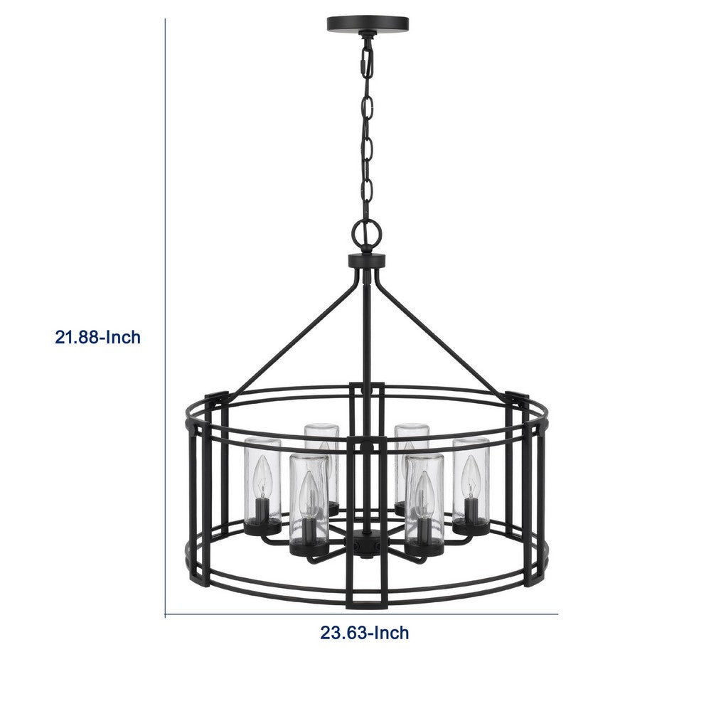 6 Light Chandelier, Caged Round Oval, Glass Shades, Black Metal 24 Inch - BM351704