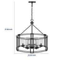 6 Light Chandelier, Caged Round Oval, Glass Shades, Black Metal 24 Inch - BM351704