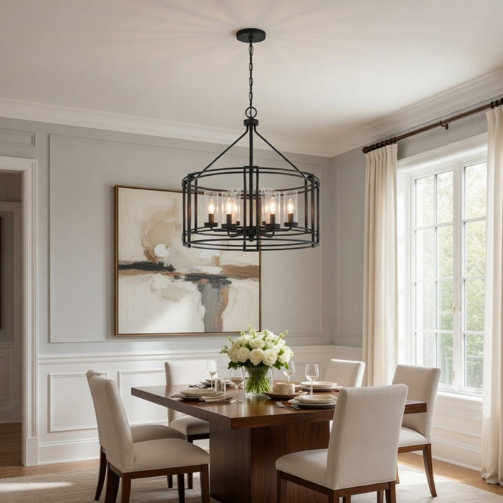 6 Light Chandelier, Caged Round Oval, Glass Shades, Black Metal 24 Inch - BM351704
