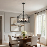 6 Light Chandelier, Caged Round Oval, Glass Shades, Black Metal 24 Inch - BM351704
