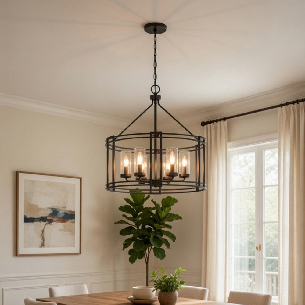 6 Light Chandelier, Caged Round Oval, Glass Shades, Black Metal 24 Inch - BM351704
