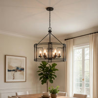 6 Light Chandelier, Caged Round Oval, Glass Shades, Black Metal 24 Inch - BM351704