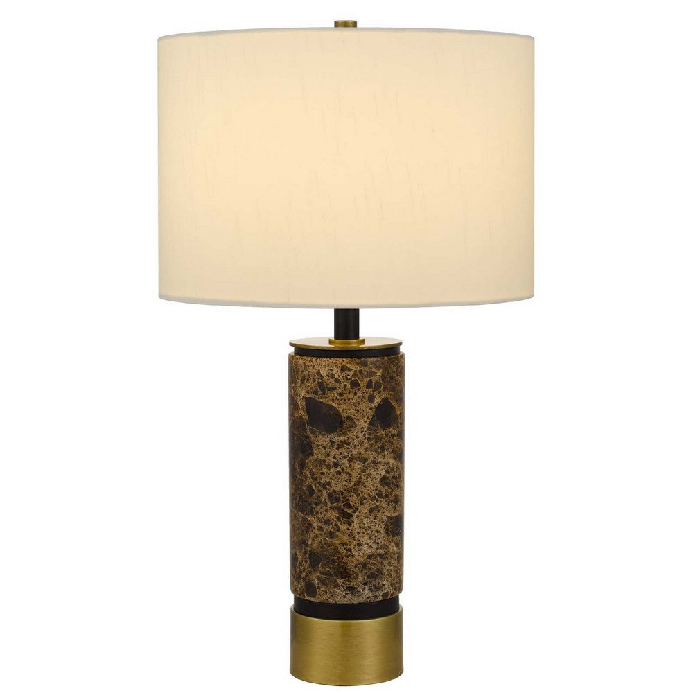 Table Lamp, White Drum Shade, Brass Base, Swirled Black Marble 22 Inch - BM351705