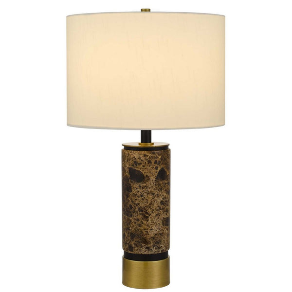 Table Lamp, White Drum Shade, Brass Base, Swirled Black Marble 22 Inch - BM351705