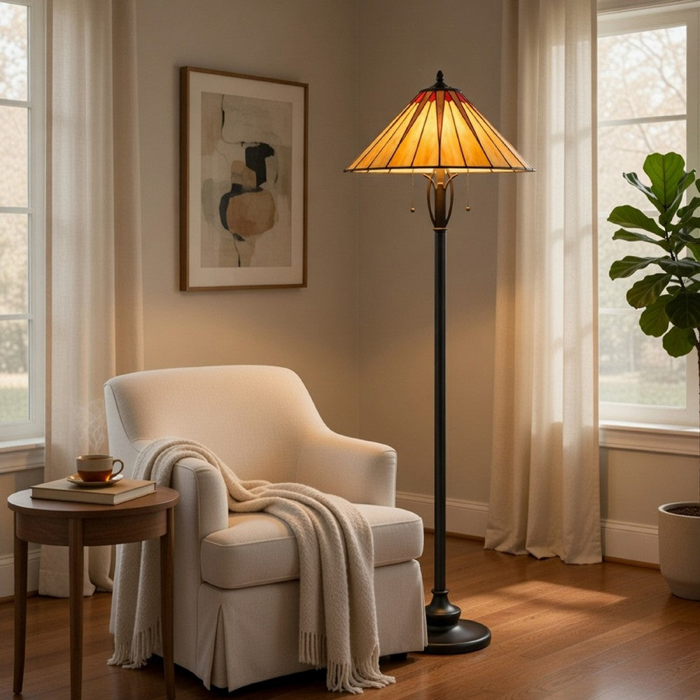 Eli Floor Lamp, Stained Tiffany Glass Shade, Hand Painted, Bronze 61 Inch - BM351706