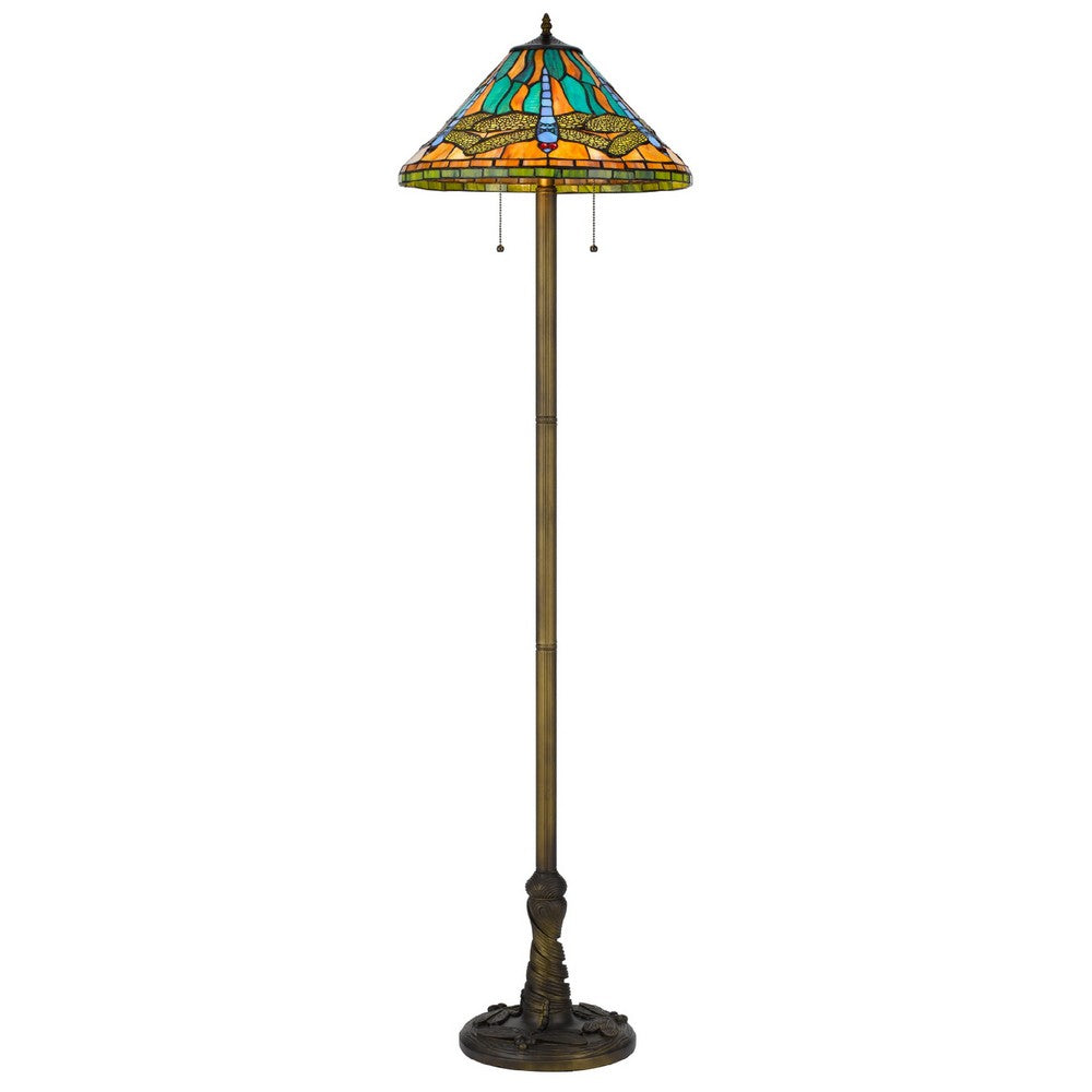 Eli Tiffany Shade Floor Lamp with Hand Painted Dragonfly, Brass 63 Inch - BM351707