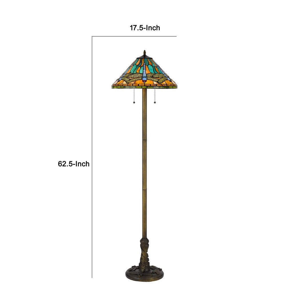 Eli Tiffany Shade Floor Lamp with Hand Painted Dragonfly, Brass 63 Inch - BM351707