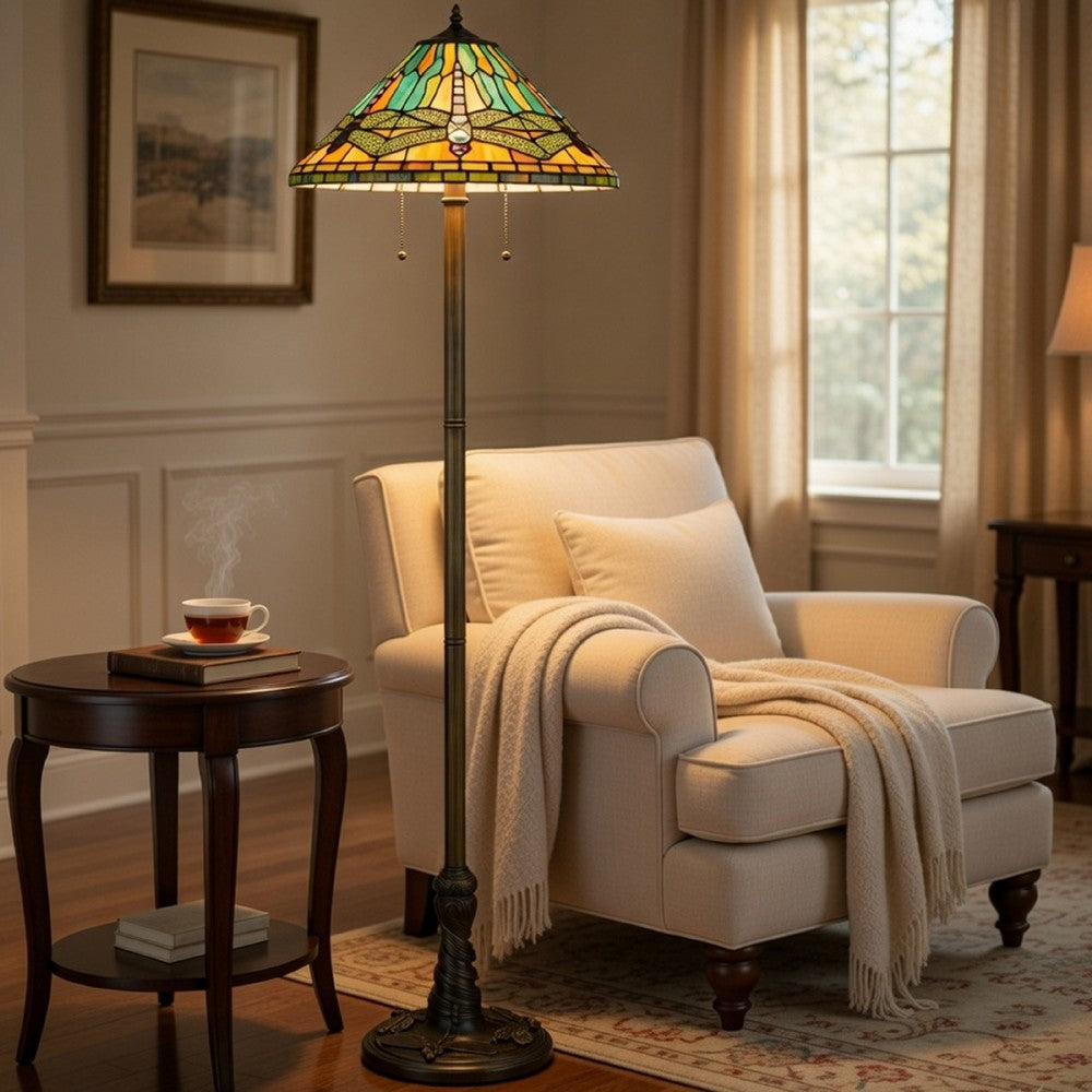 Eli Tiffany Shade Floor Lamp with Hand Painted Dragonfly, Brass 63 Inch - BM351707