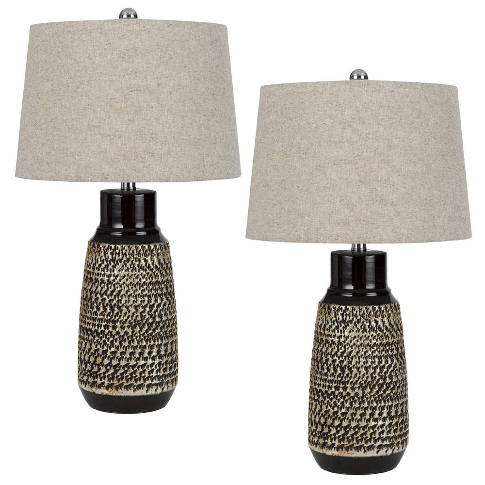 Bora Table Lamp Set of 2, Antique Silver Burlap Shade, Black Ceramic - BM351708