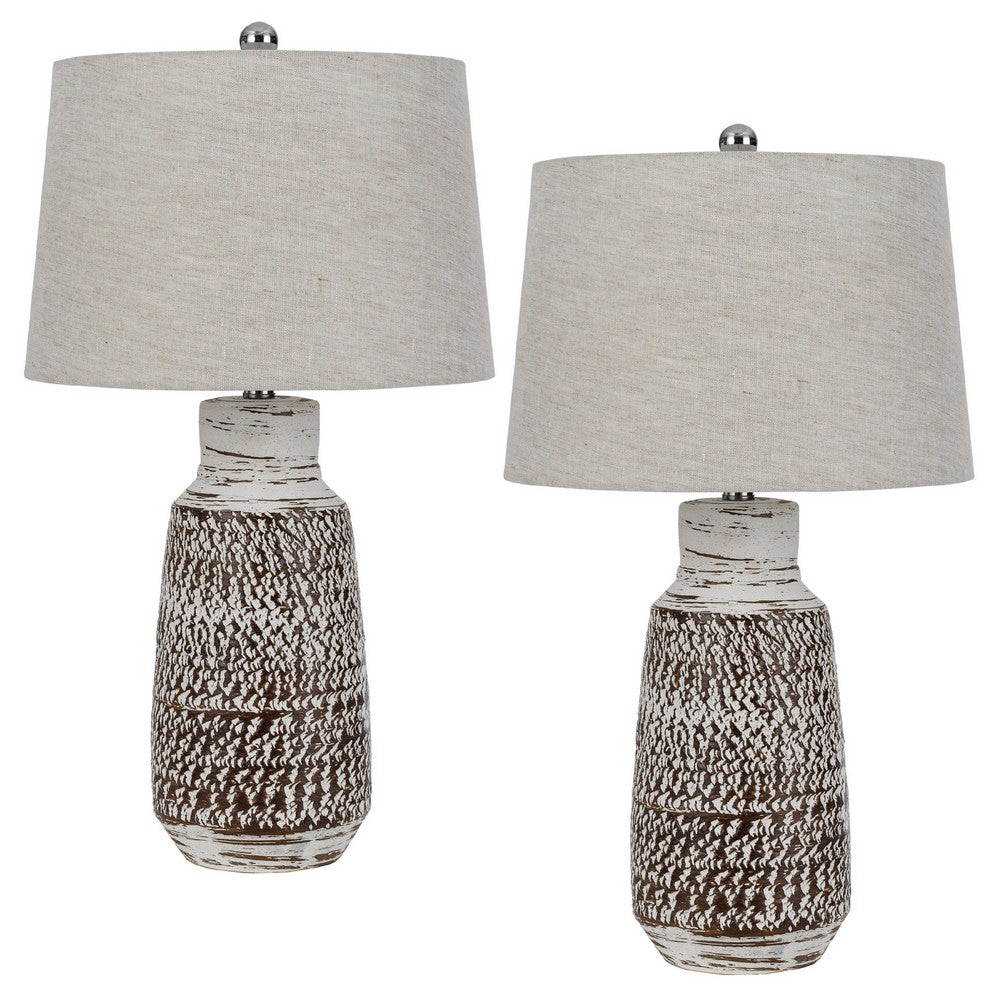 Bora Table Lamp Set of 2, Burlap Shade, Brown Ceramic, Distressed White - BM351709