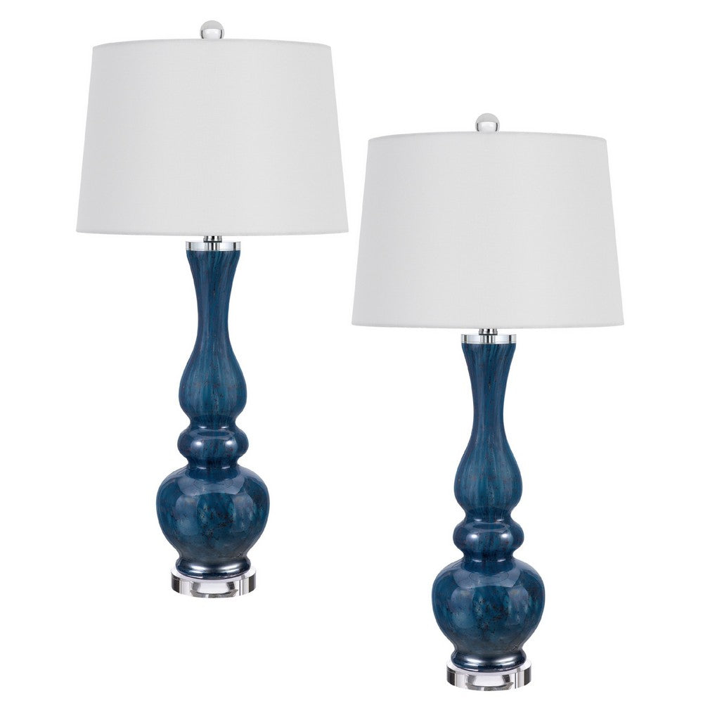 Table Lamp Set of 2, Off-White Shade, Blue Candlestick Glass Body 32 Inch - BM351710