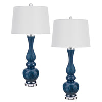 Table Lamp Set of 2, Off-White Shade, Blue Candlestick Glass Body 32 Inch - BM351710