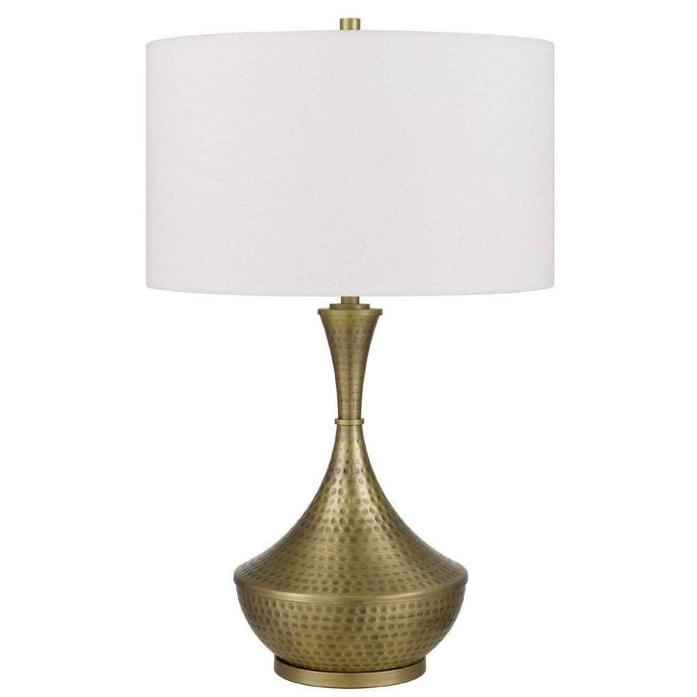 Table Lamp, White Linen Shade, Hammered Antique Brass Retro Hourglass Shape - BM351711