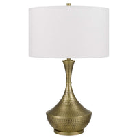 Table Lamp, White Linen Shade, Hammered Antique Brass Retro Hourglass Shape - BM351711