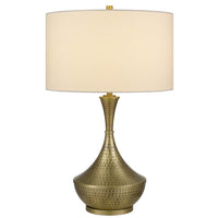 Table Lamp, White Linen Shade, Hammered Antique Brass Retro Hourglass Shape - BM351711