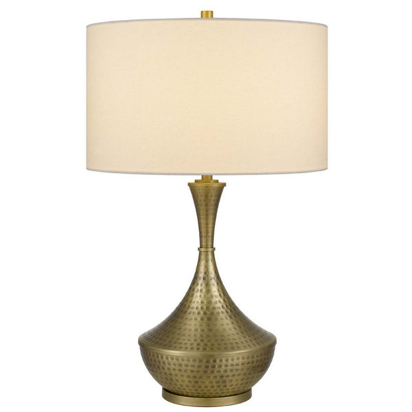 Table Lamp, White Linen Shade, Hammered Antique Brass Retro Hourglass Shape - BM351711