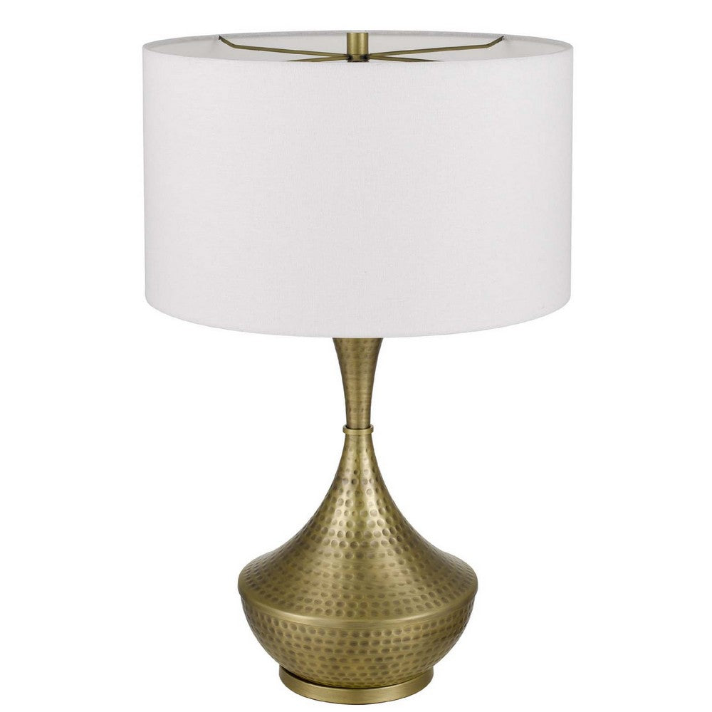 Table Lamp, White Linen Shade, Hammered Antique Brass Retro Hourglass Shape - BM351711