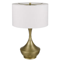 Table Lamp, White Linen Shade, Hammered Antique Brass Retro Hourglass Shape - BM351711