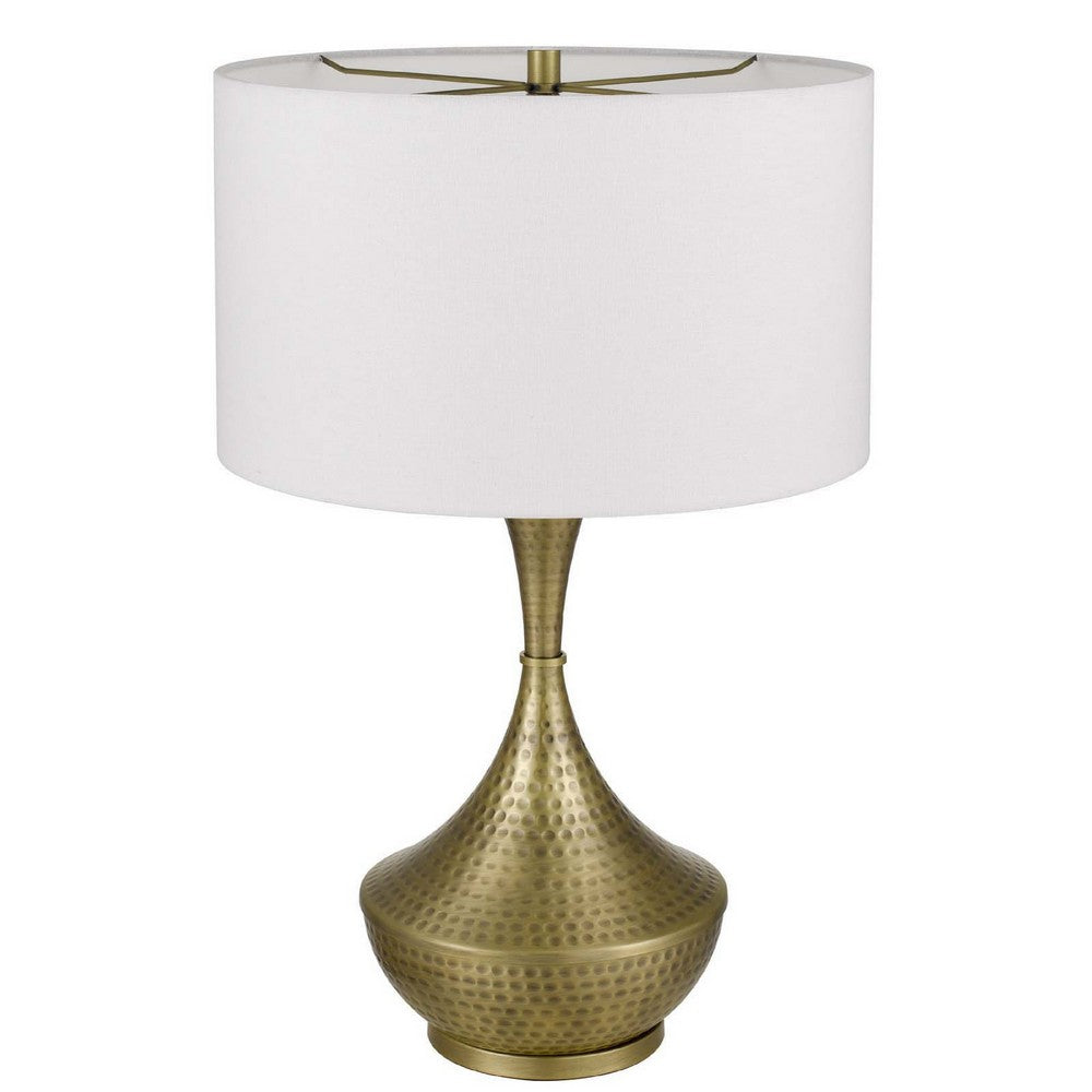 Table Lamp, White Linen Shade, Hammered Antique Brass Retro Hourglass Shape - BM351711