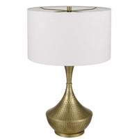 Table Lamp, White Linen Shade, Hammered Antique Brass Retro Hourglass Shape - BM351711