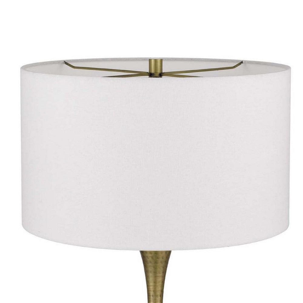 Table Lamp, White Linen Shade, Hammered Antique Brass Retro Hourglass Shape - BM351711