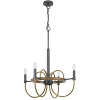 4 Light Candelabra Chandelier, Wood Base, Bronze and Gray Metal 24 Inch - BM351712