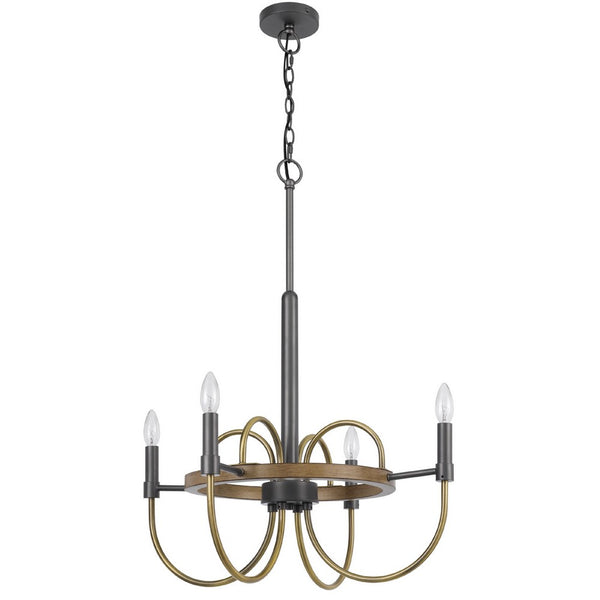 4 Light Candelabra Chandelier, Wood Base, Bronze and Gray Metal 24 Inch - BM351712